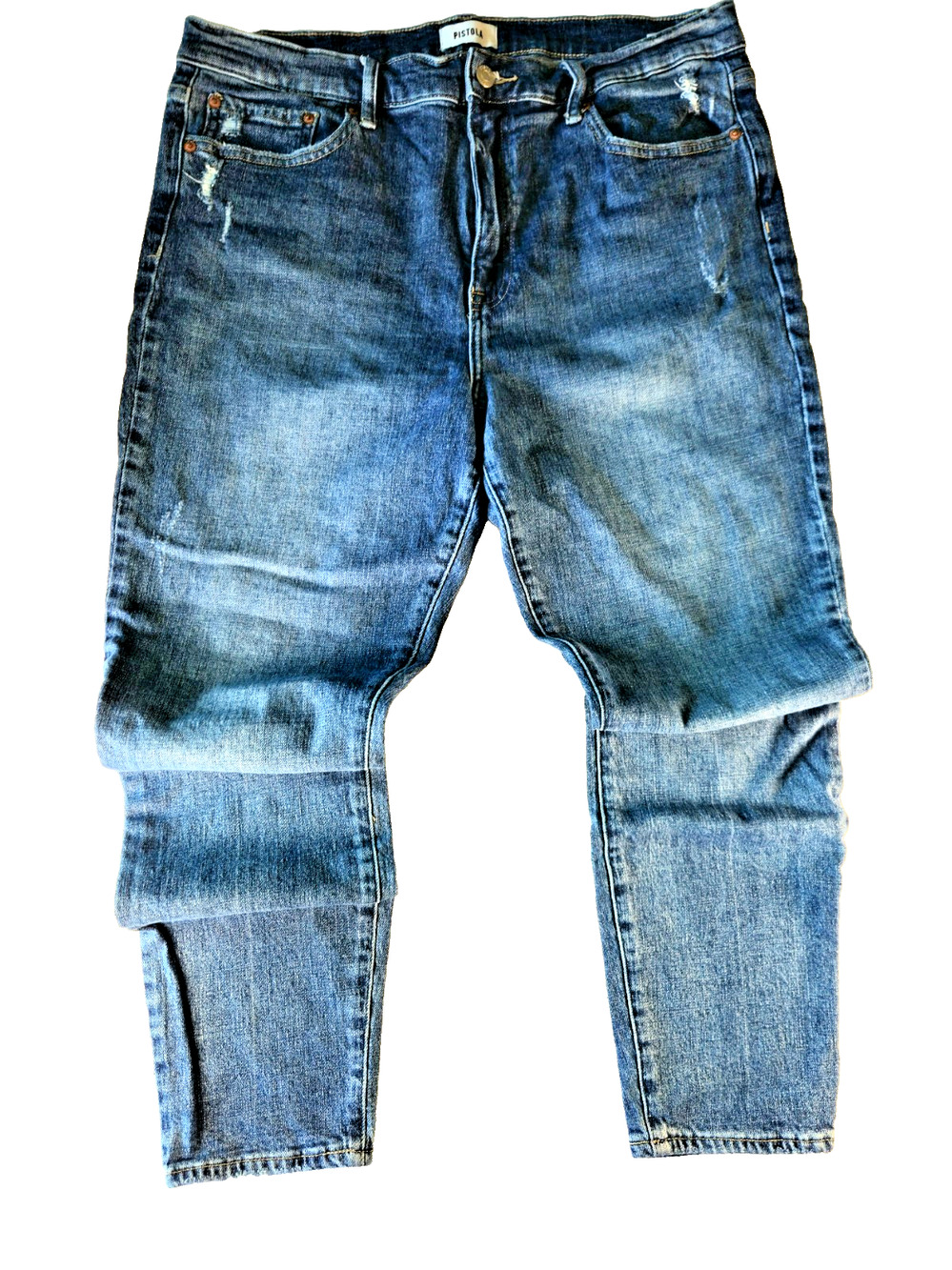 Pistola Women's High Rise Straight Leg Distressed Stretch Denim Blue Jeans 33